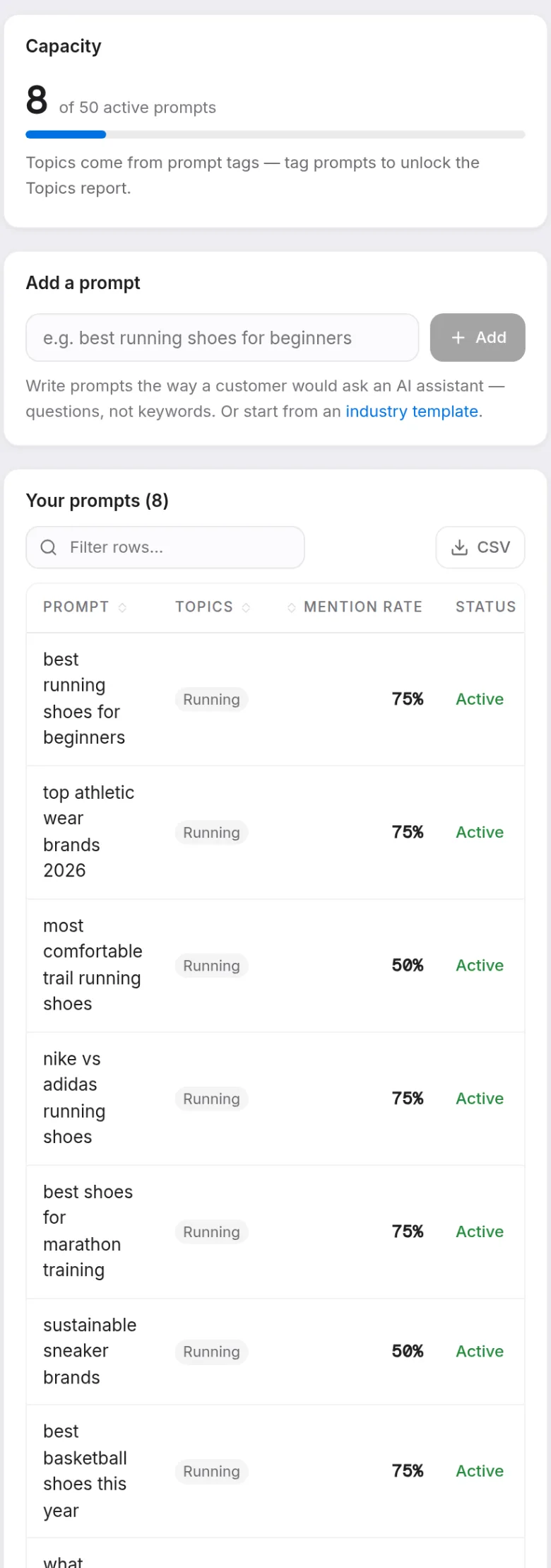Prism's AI Visibility prompts report: a list of tracked prompts with the engines each one runs on, how often it runs, when it last ran and whether the brand was mentioned in the answer.